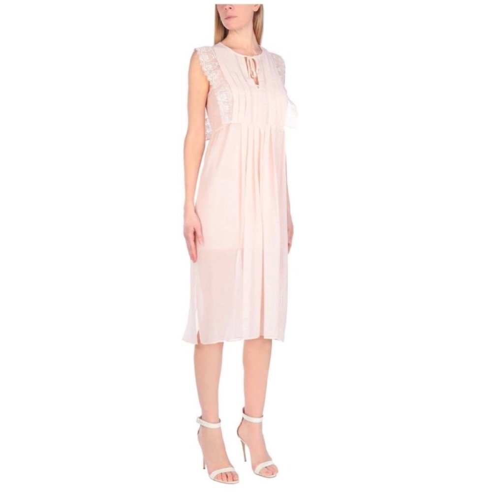 New! SANDRO Paris Pleated Lace Sheer Midi Dress in Peach Pink - Picture 2 of 10